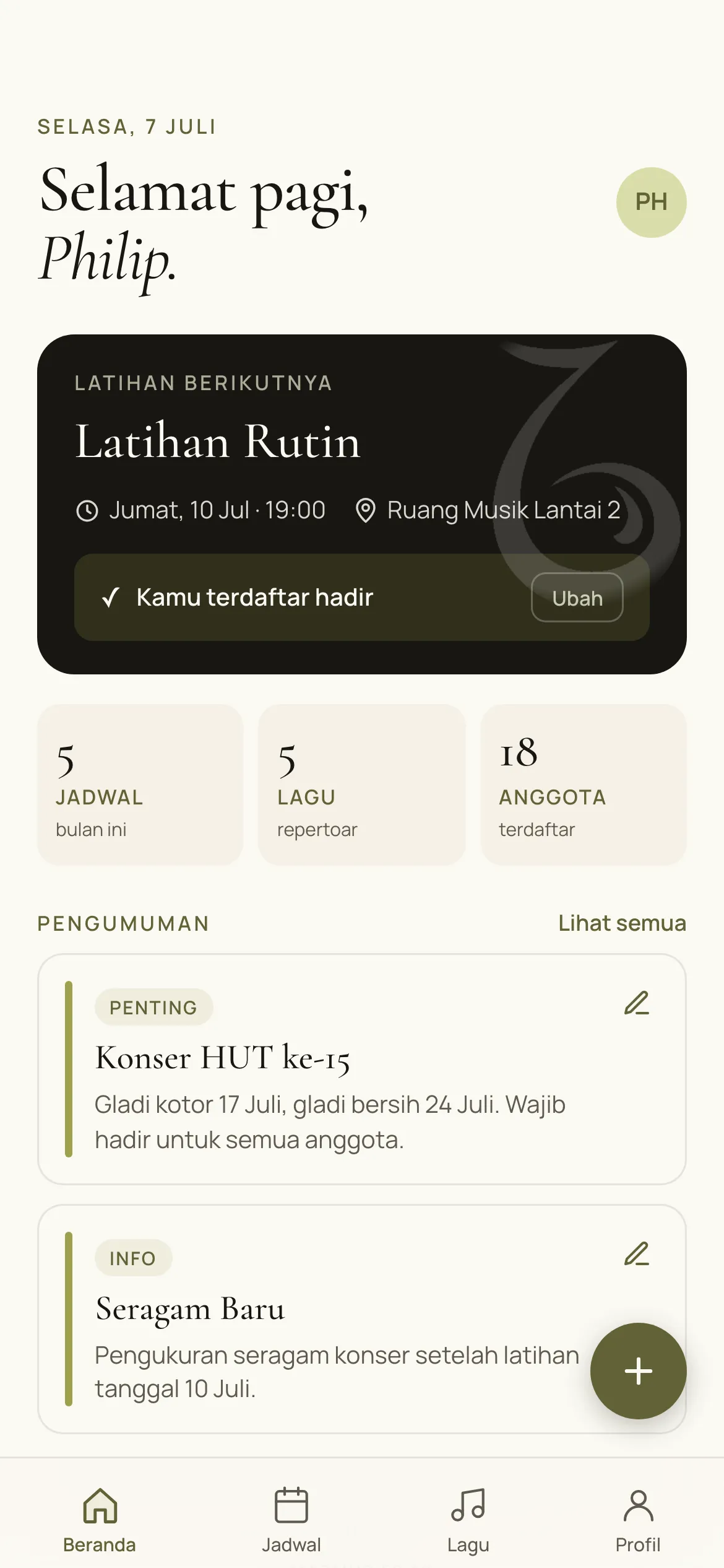 Zaitun member app home with next rehearsal, RSVP status, and announcements, sample data