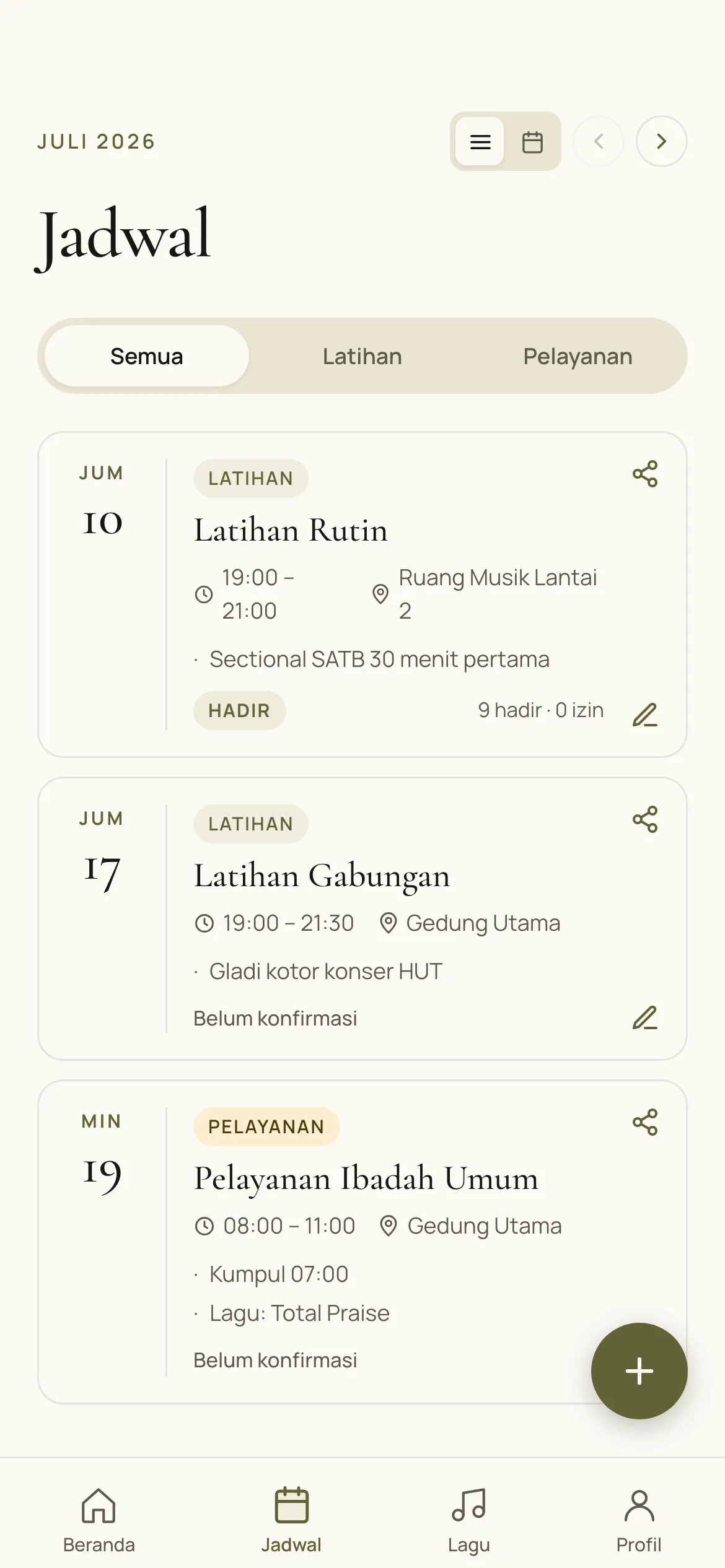 Zaitun schedule screen with rehearsals, services, and attendance counts, sample data