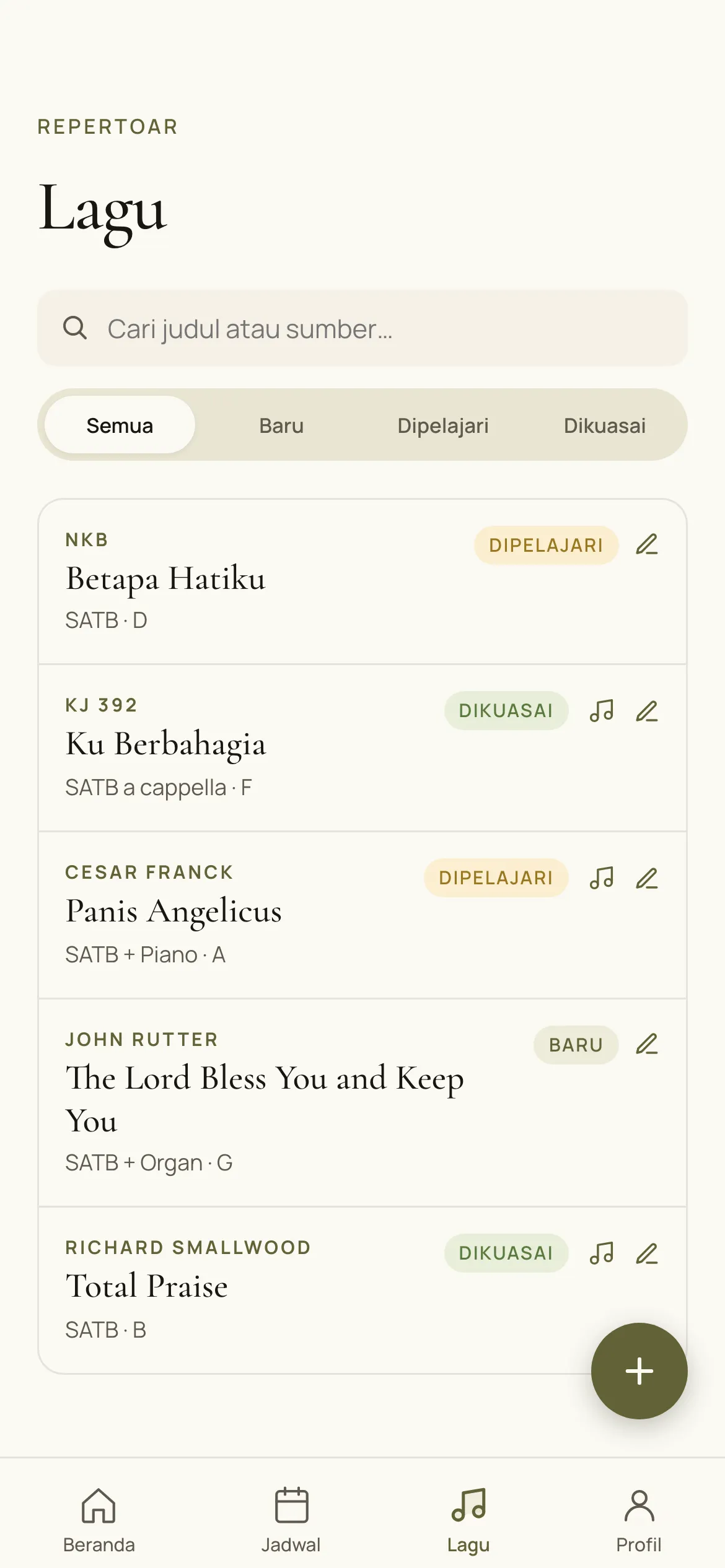 Zaitun repertoire screen with song statuses and sheet music links, sample data