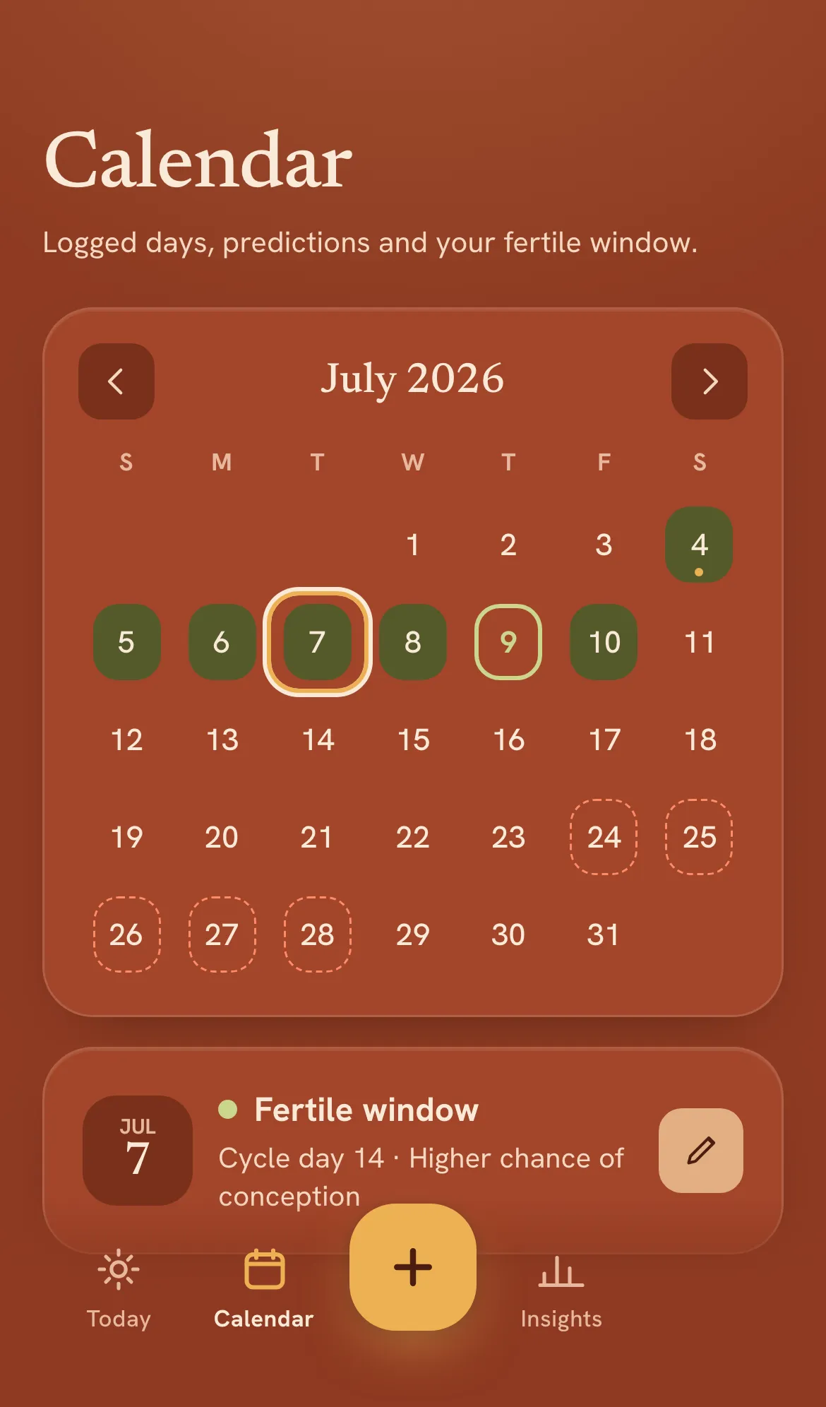 EbbAndFlow calendar with logged period days, predicted period days as dashed outlines, and the fertile window, sample data