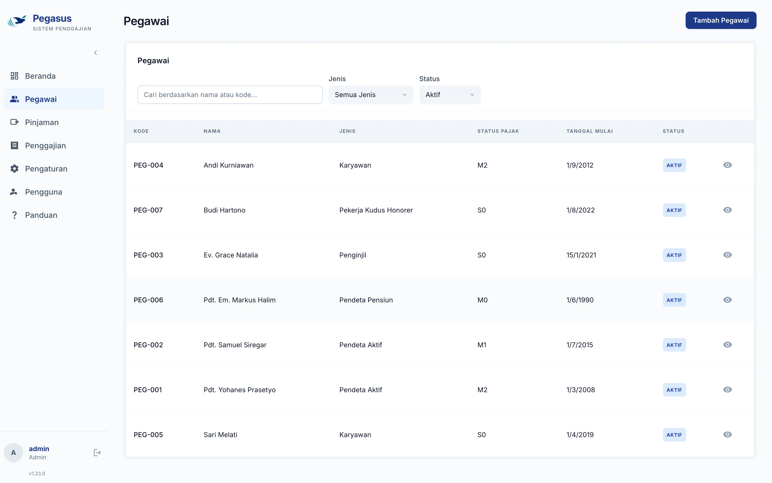 Pegasus employee list with different worker types and tax statuses, sample data