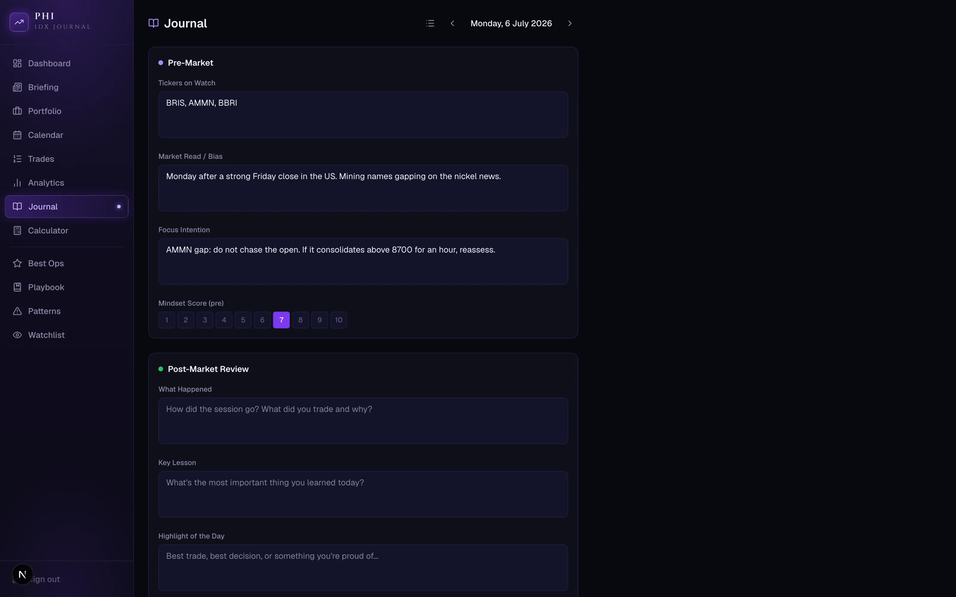 StockDashboard daily journal with pre-market plan and post-market review, sample data