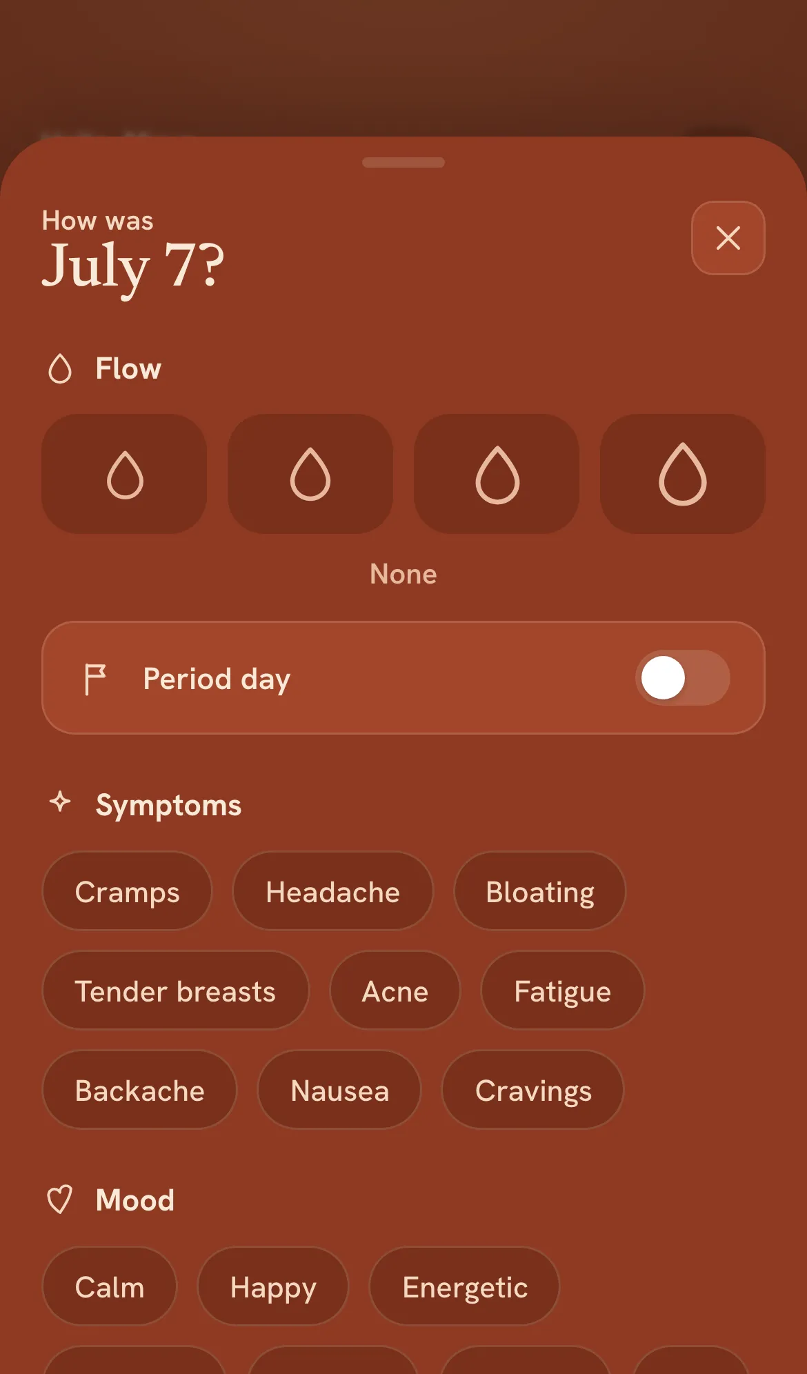 EbbAndFlow log sheet with flow picker, period day toggle, symptom chips, and mood chips, sample data