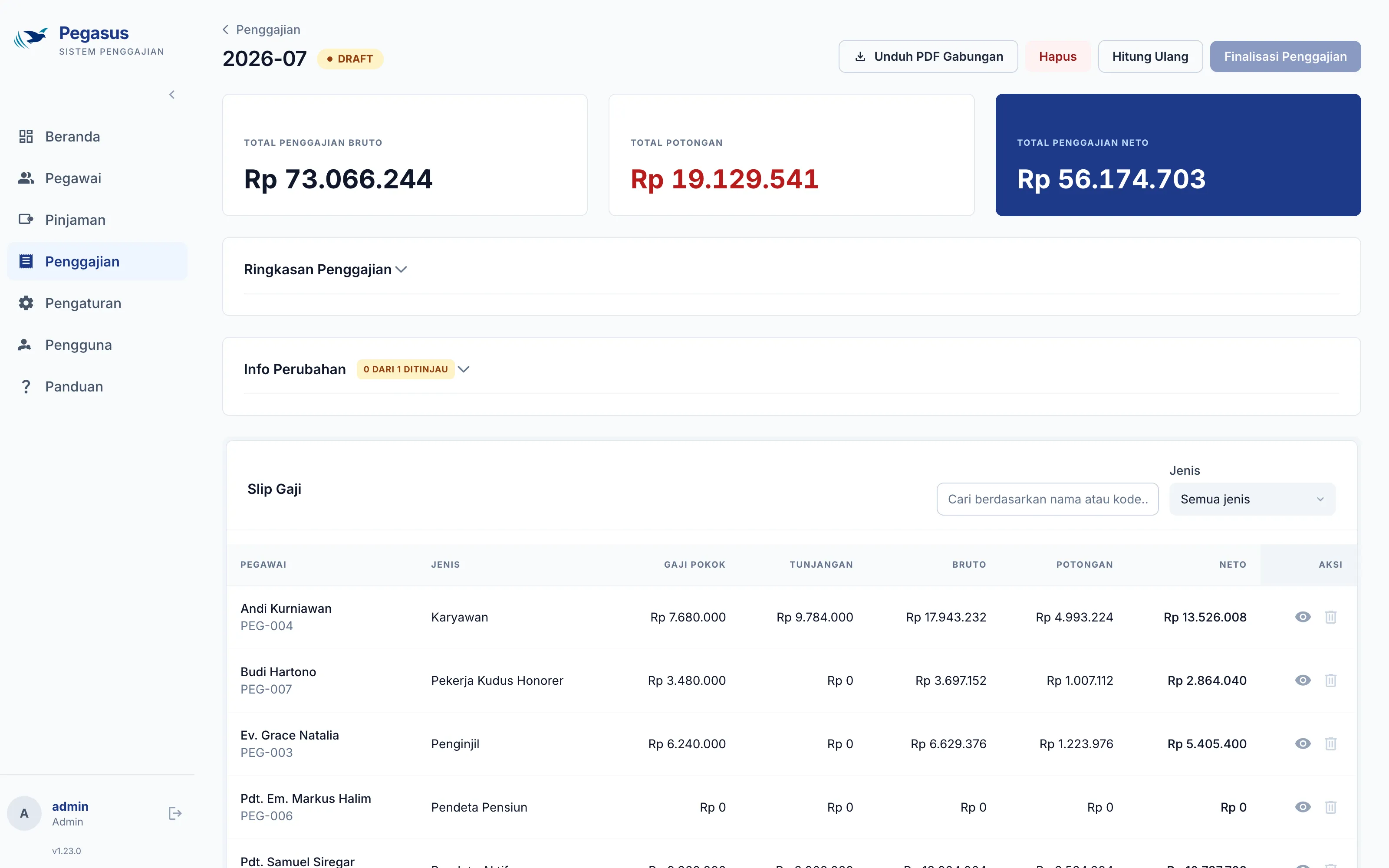 Pegasus draft payroll run with review progress and locked finalize button, sample data