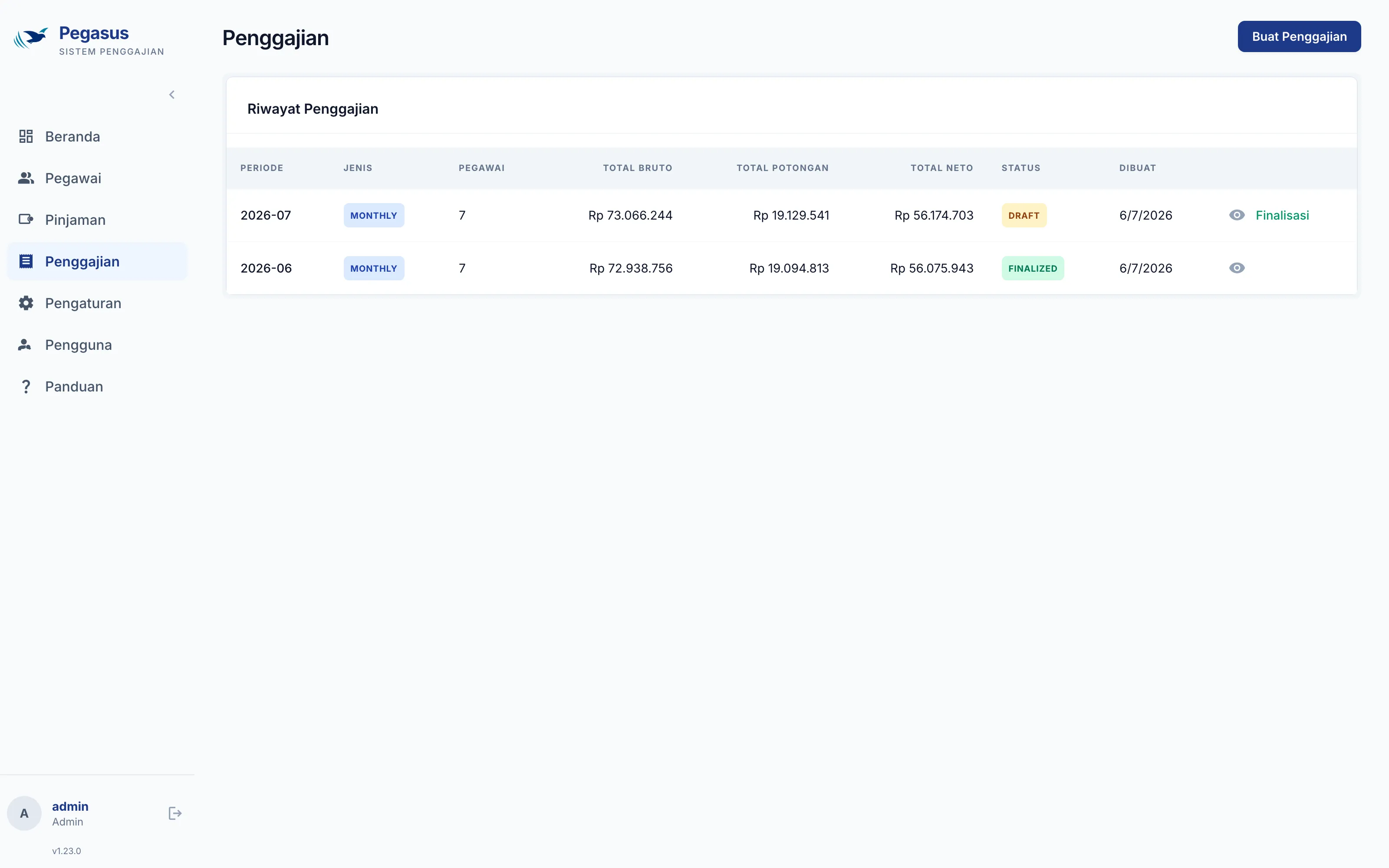 Pegasus payroll history with draft and finalized runs, sample data
