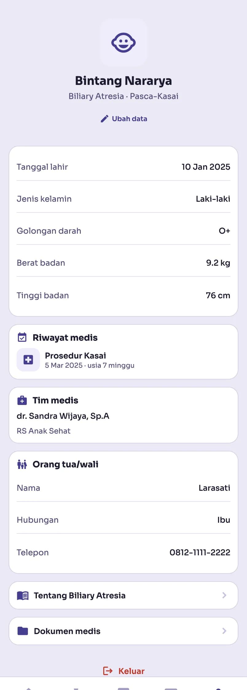 Hati Kita patient profile with vitals, Kasai procedure history, and medical team, sample data