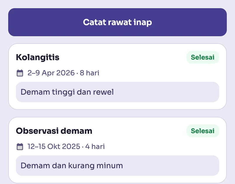 Hati Kita hospitalization list with date ranges and durations, sample data
