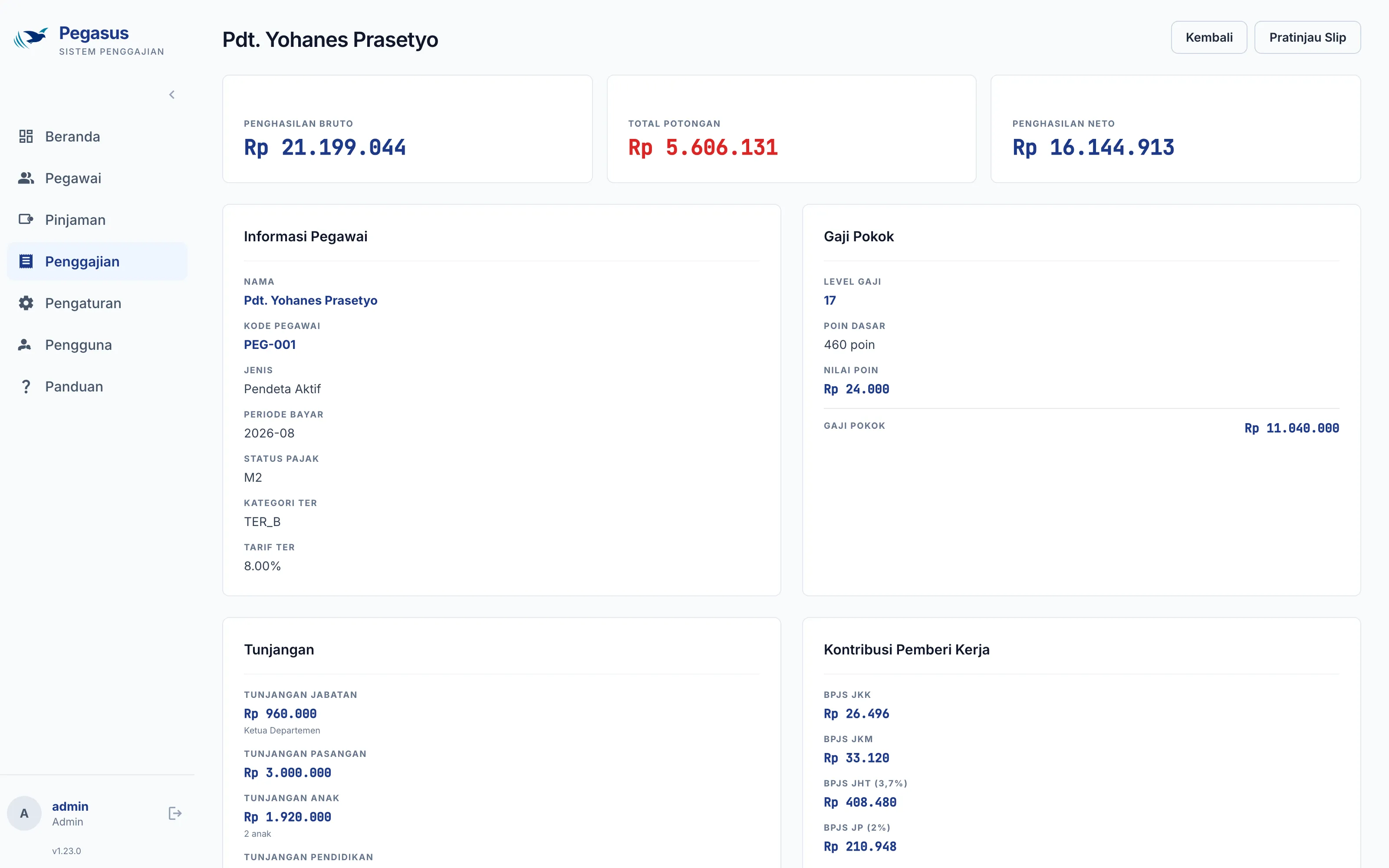 Pegasus payslip detail with base salary from points, allowances, and employer contributions, sample data