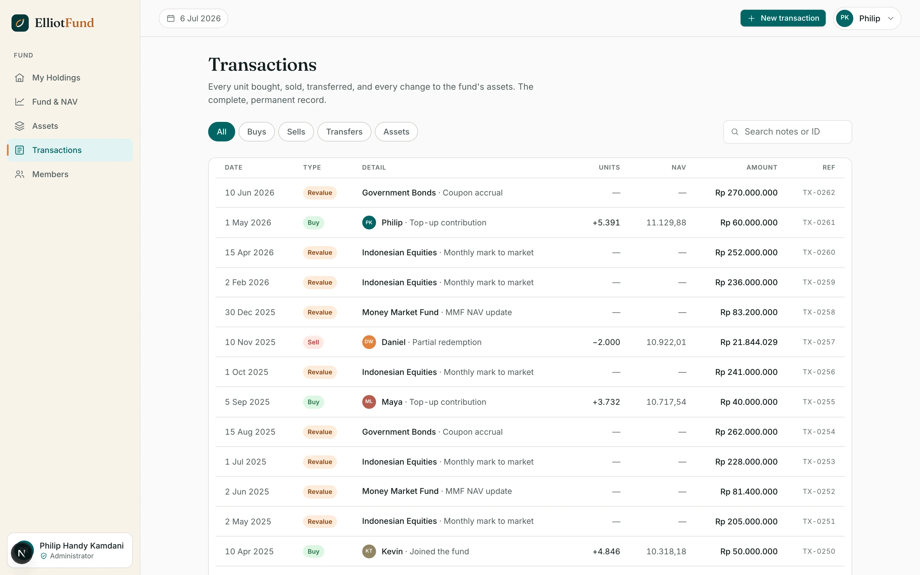 ElliotFund transactions ledger with typed entries and references, sample data